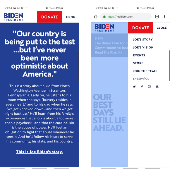 Joe Biden's homepage with weird navigation and center aligned text