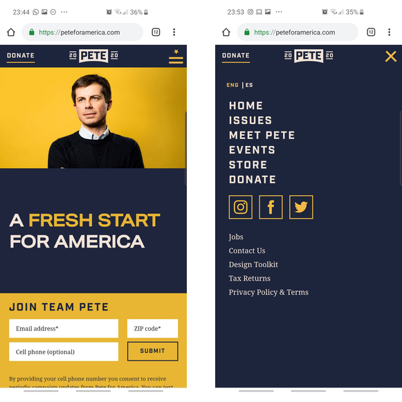 Pete Buttigieg's homepage and navigation