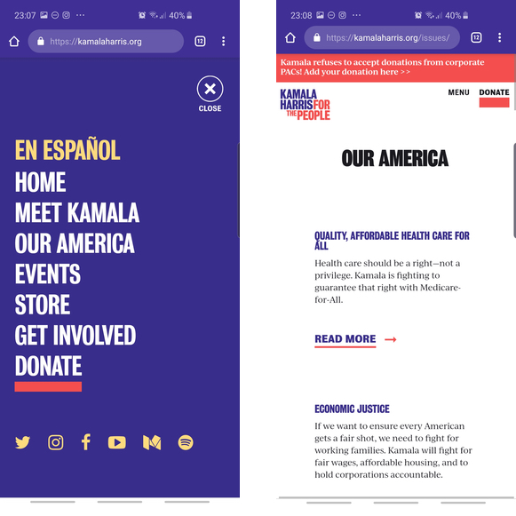 Kamala Harris' navigation and issues page