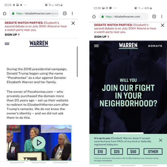 Elizabeth Warren's landing page and homepage